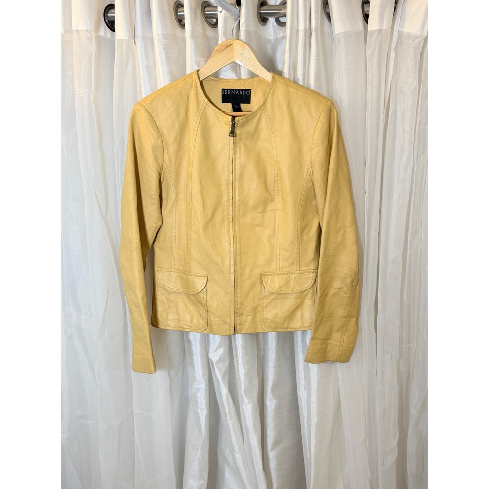 Bernardo Leather Jacket Womens Medium Yellow Zip Front Collarless Flap Pockets